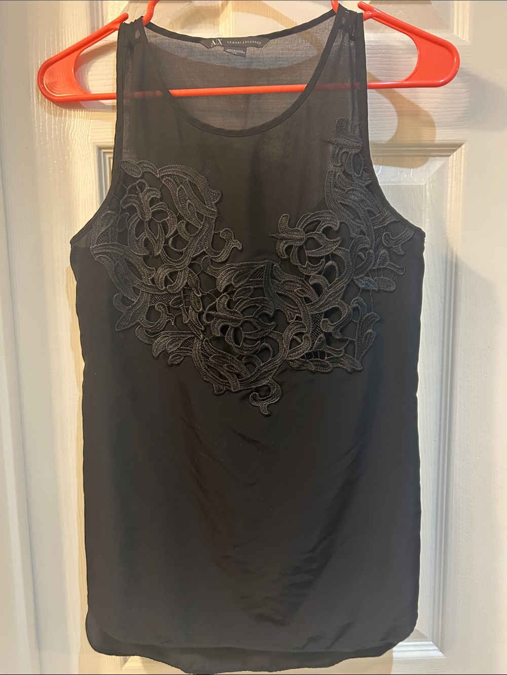 Armani Exchange Black Sleeveless Sheer Yoke Blouse with Embroidery